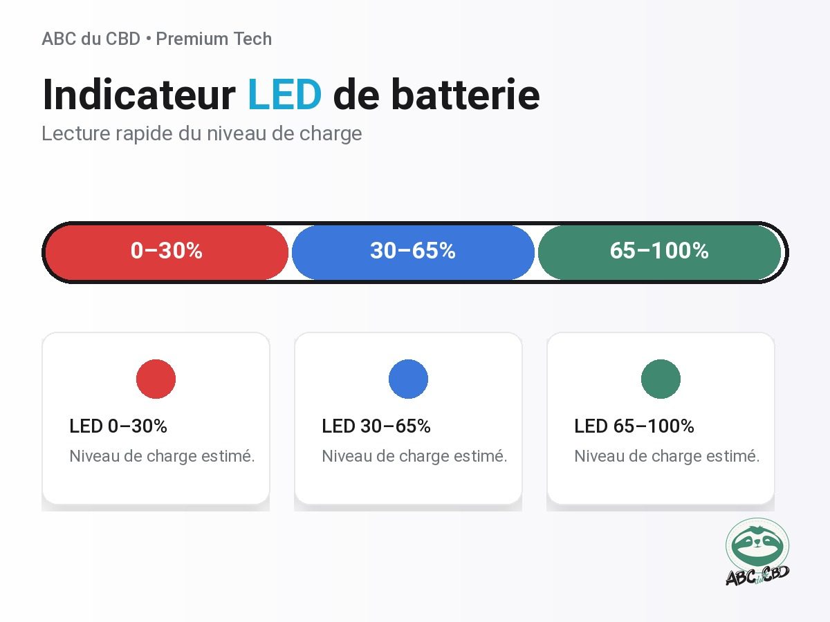 OXVA NeXLIM Go – indicateur LED batterie : rouge 0–30 %, bleu 30–65 %, vert 65–100 %.